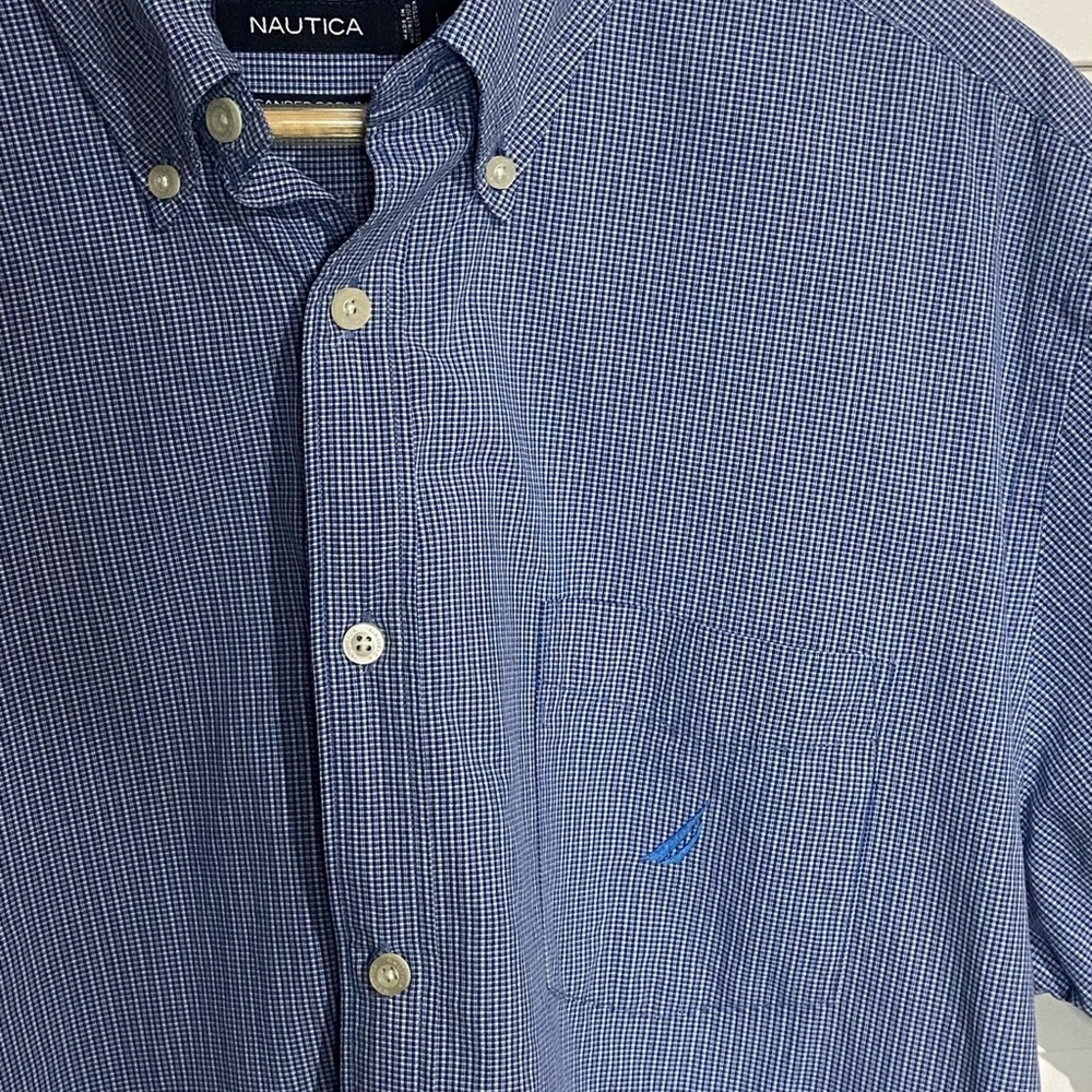 Nautica Sanded Poplin‎ Blue/White Gingham Print Short Sleeve Button-Down